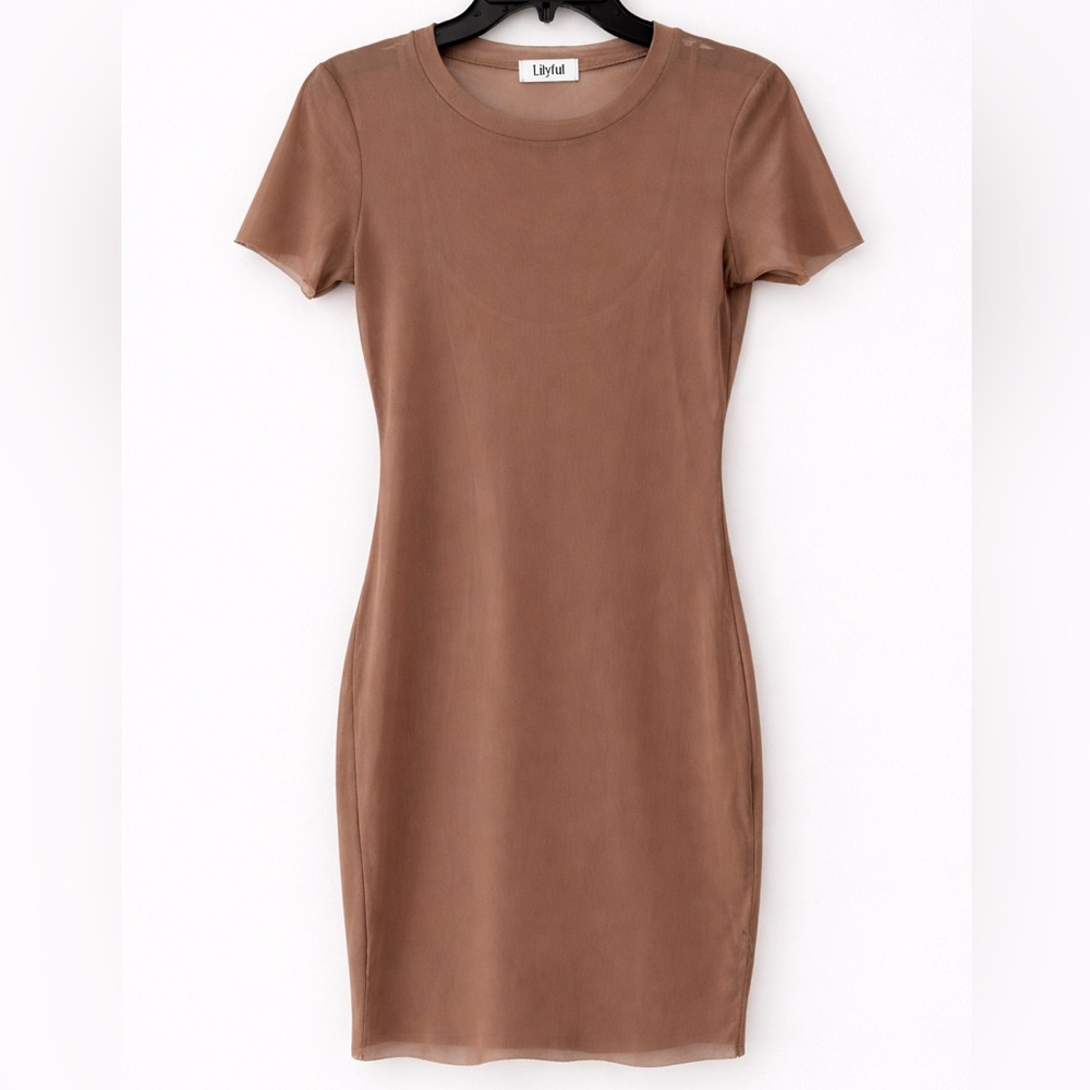 Lilyful Brown Sheer Bodycon Mini Dress Medium Small Stretch Mesh Short Sleeve
